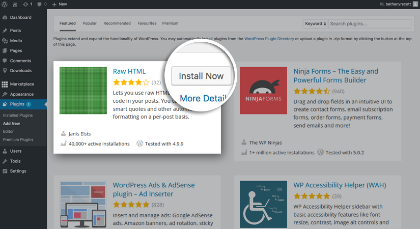 Инсталиране на Raw HTML WordPress Plugin